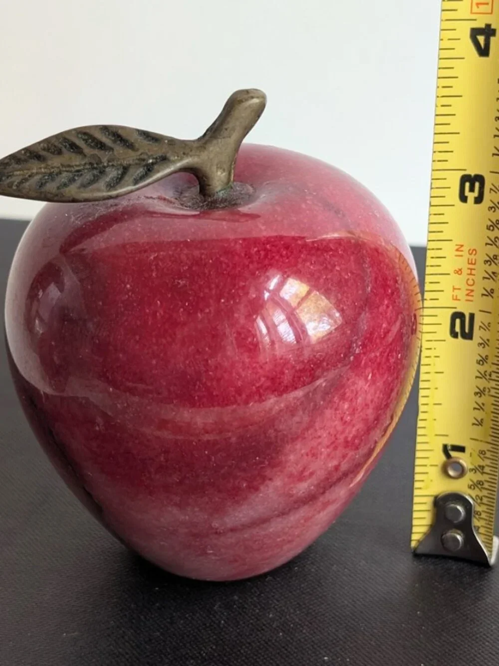 Vintage MCM Polished Marble Alabaster Red Apple Paperweight w/Brass Stem